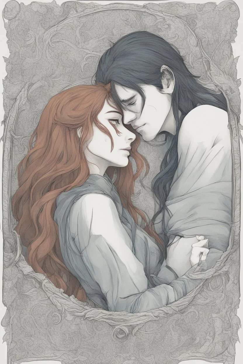 Dnd style, Young man hugging a woman with long hair from behind