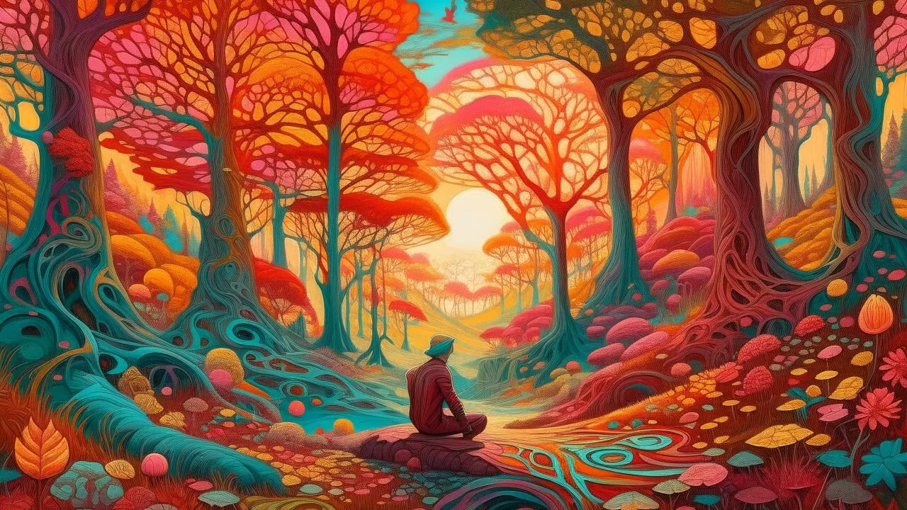 A surreal landscape with twisted, colorful trees and a figure sitting on the ground in the foreground, the background featuring a vibrant, dreamlike forest scene with a variety of textures and patterns