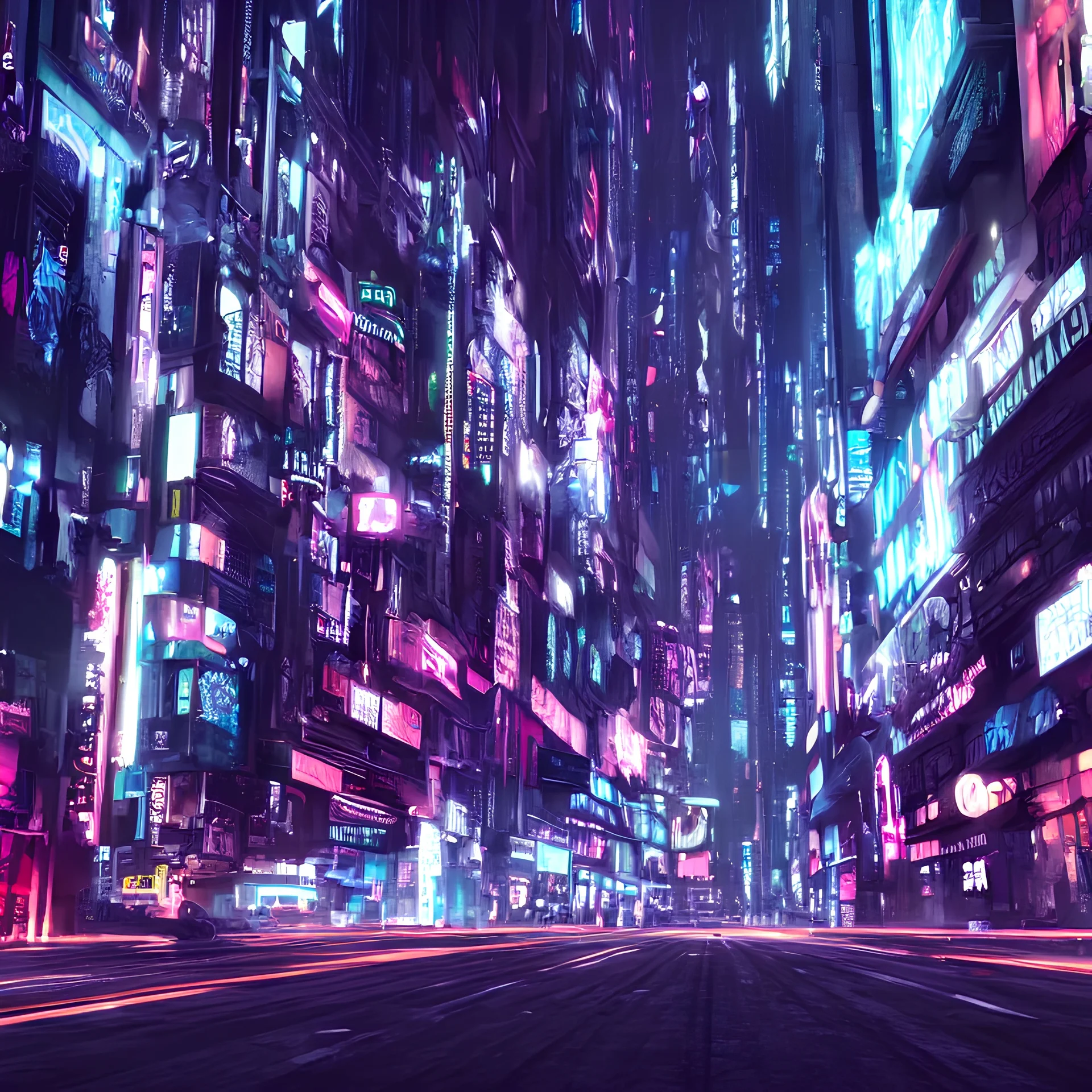 A magnificent dark neon futuristic cyberpunk city busy street at night made in cinema4d, hyper realistic, extreme details, cinematic | 8k video | Aesthetics of bladerunner