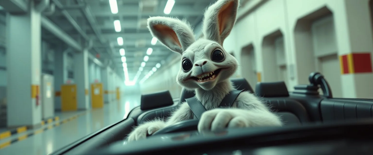 car driving happy 2d fluffy alien bunny ogre man in the style of Escher and Giger and Fallout 4, pinhole cam, airbrush 3d rendering, on tv screen:A five-second cinematic single take in a clean industrial presentation hall.
