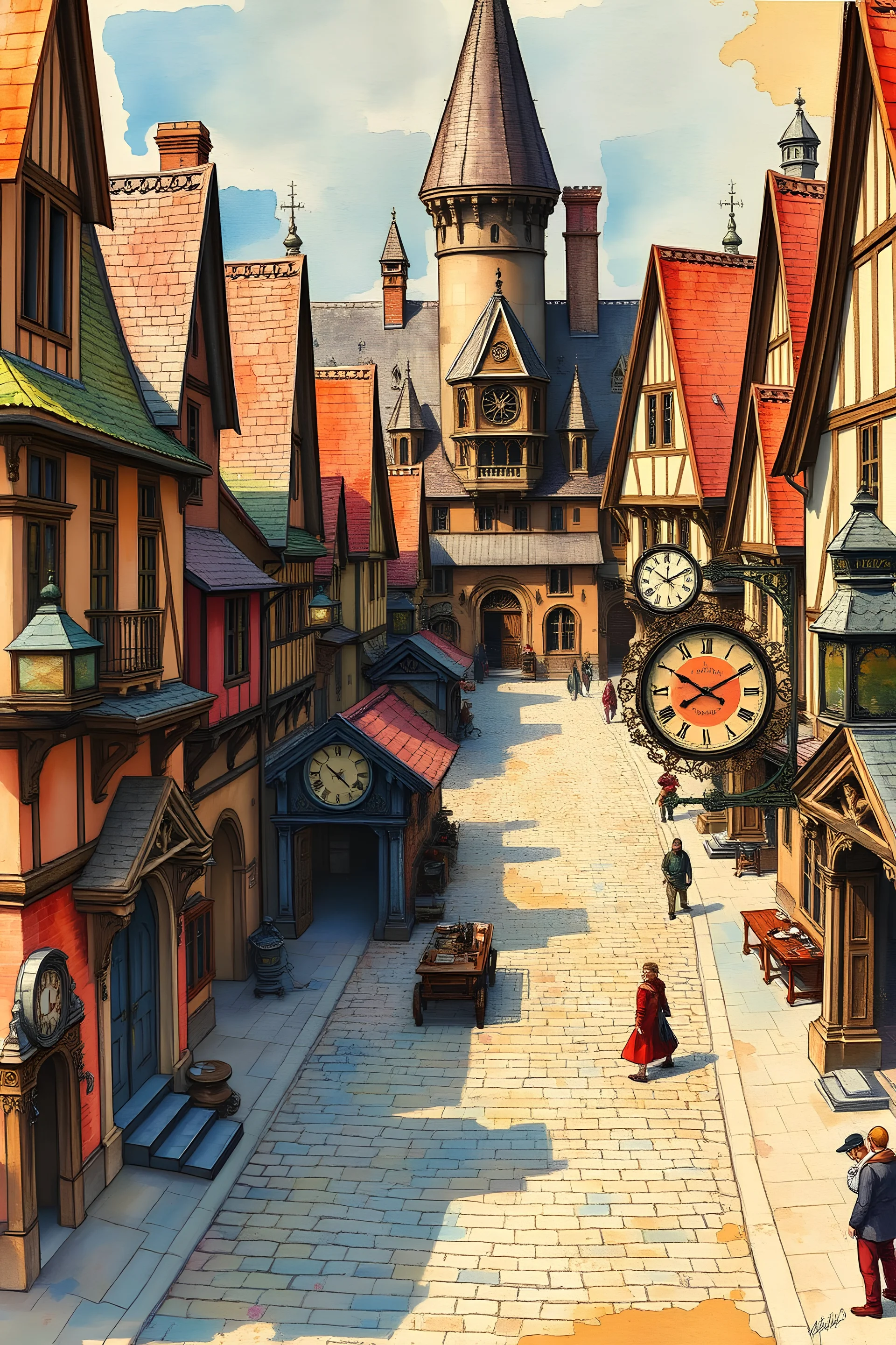 A detailed medieval steampunk fantasy town square on parchment, with watercolor effects, paint splotches, and brush texture, in vibrant colors, featuring clockwork machines and cobblestone streets.