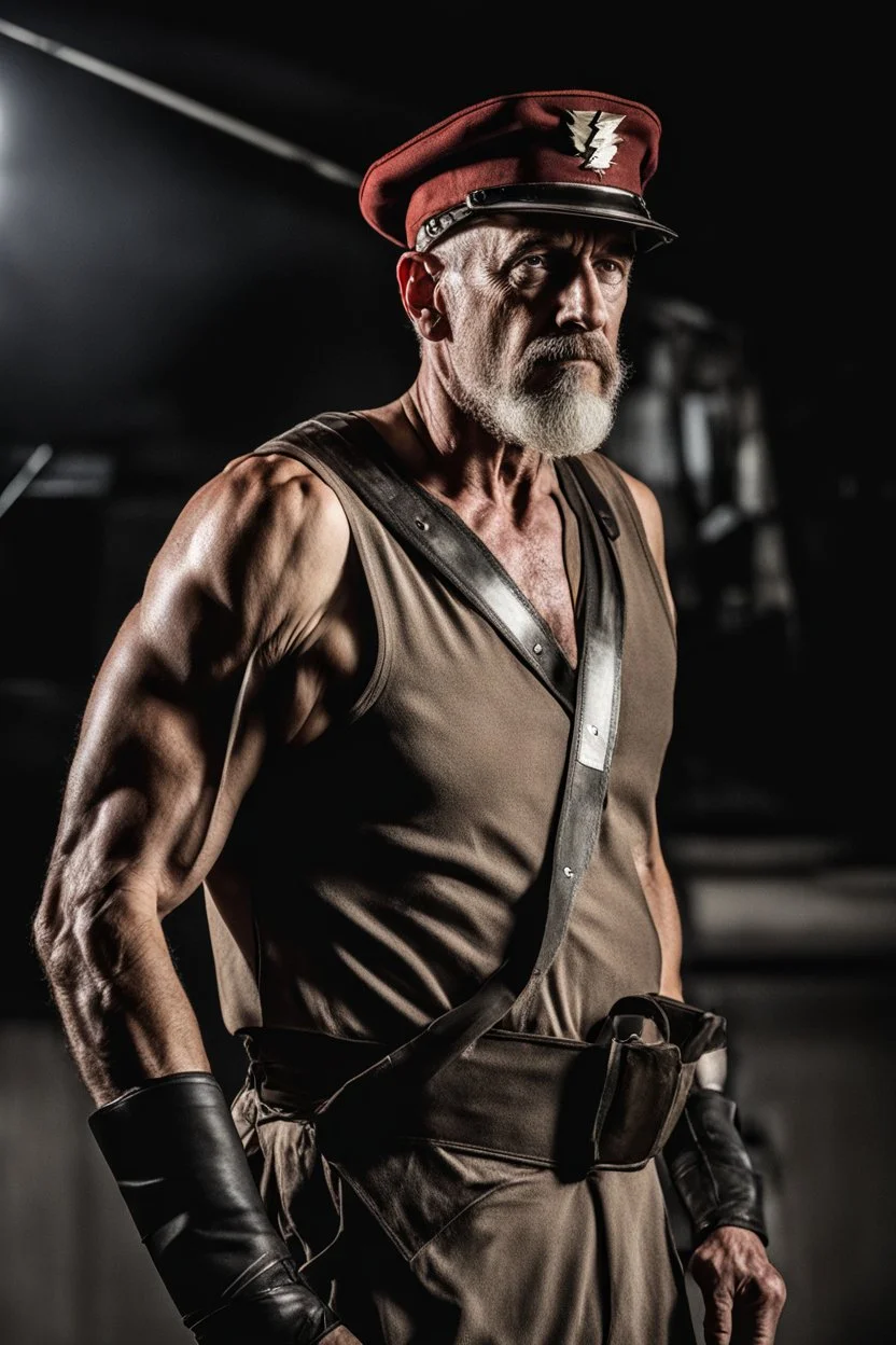 3/4 side view, head to waist image, professional quality photograph, a physically fit, extremely muscular, athletic, middle-aged man, Jay Garrick the Flash, with broad shoulders and massive arms, short, graying hair and a goatee, dark eyes, large, curved nose, and a square jawline, wearing a silver metal world war I Military hard hat with a flat brim all around it and gold lightning bolts on either side, and a (((long-sleeved))), red, cotton, pullover shirt with lightning on the chest,