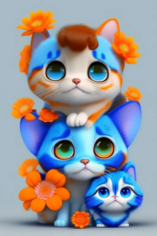 Blue and orange chibi pixar cats with big lifelike eyes and flowers