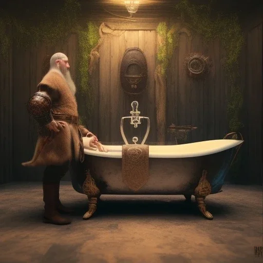 A viking and his wive having a bath, scary, steam punk, realistic, made in octane, cinematic, ultra-realistic, extremely detailed octane rendering, 8K, VRAY Super Real ar 2:3, dof photorealistic futuristic 50mm lens hard lighting dark gray tintype photograph, realistic lighting, sepia color