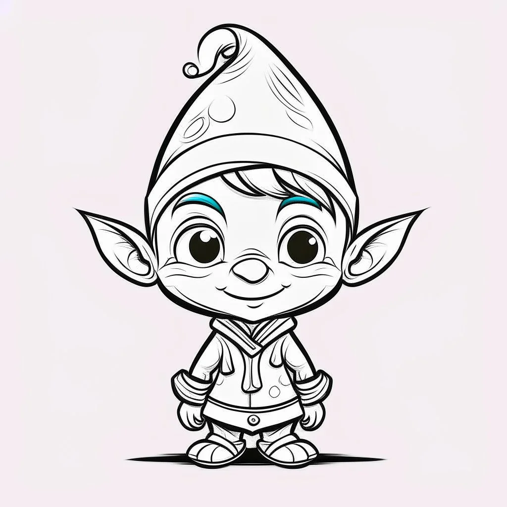 A black and white cute drawing of an Christmas ELF. Only outline, white background,for kids. The illustration should be in [SUPER SIMPLE], black and white, bold line art with a clear, mostly empty background. [INCLUDES ONLY OUTLINES WITH NO FILLED IN BLACK AREAS], ensuring no shading, no complex images, and making it very easy to color in between the lines.