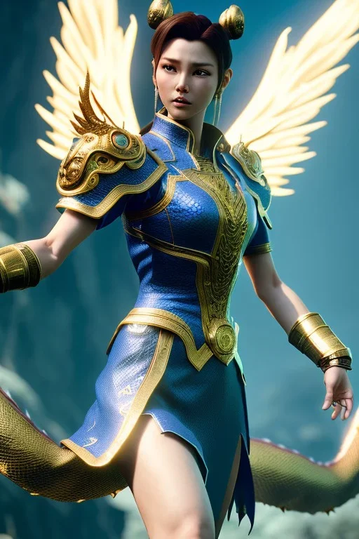 Chun-Li with short hair and dragons wings wearing only dragon scales,mythical,fantasy , magnificent, majestic, highly intricate, Realistic photography, incredibly detailed, ultra high resolution, 8k, complex 3d render, cinema 4d, dynamic pose, laying down