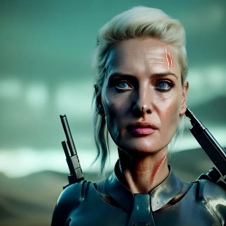 Ultra Realistic retro sci-fi movie war scene, waist up view portrait, blonde woman pointing a gun, sweet young Daryl Hannah face, perfect iris, glow eyes, makeup, weapon. War background, Retro sci-fi style, tight latex coat, fog, rain, soft color, highly detailed, unreal engine 5, ray tracing, RTX, lumen lighting, ultra detail, volumetric lighting, 3d, finely drawn, high definition, high resolution.