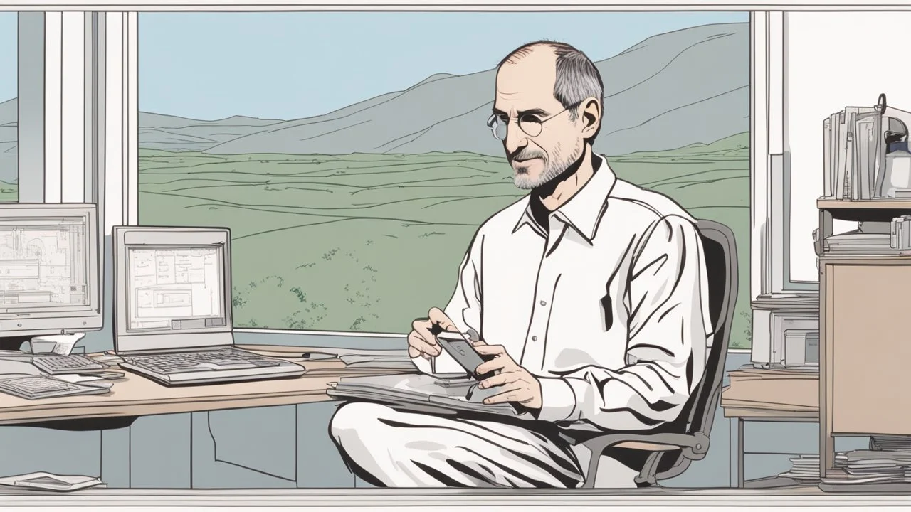 الصورة تعرض ستيف جوبز وهو جالس في مكتبه الخاص، وراءه نافذة تطل على مناظر طبيعية هادئة. يظهر جوبز وهو يرتدي ثوبًا بسيطًا ويتلقى مكالمة هاتفية بينما يعمل على جهاز كمبيوتر محمول. يتسم وجهه بتعابير التفكير العميق والابتسامة الخفيفة، مما يشير إلى تركيزه الشديد وتفكيره الابتكاري. على مكتبه، يمكن رؤية مجموعة من المخططات والنماذج المصغرة لأجهزة تكنولوجية، مما يظهر اهتمامه بالتفاصيل والتصميم المميز. كما يمكن أن نلاحظ تواجد كتب وأدوات كتابة، مما يشير إلى تطلعه المستمر للمعرفة والابتكار. الإضاءة في الصور