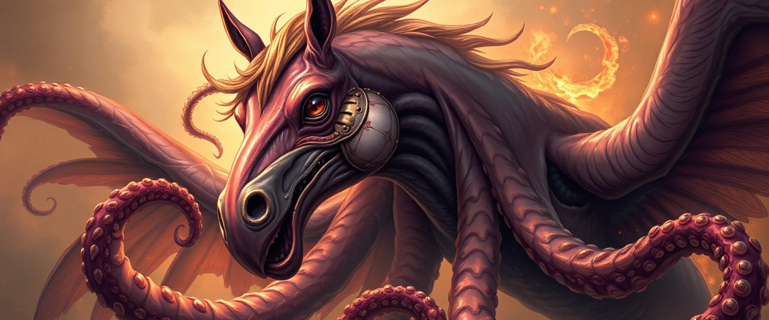 octopus bird with horseface looks beyond really powerful, fantasy illustration