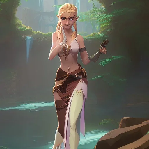 a gorgeous adventurer princess in a revealing dress dancing by a fantasy waterfall, zelda