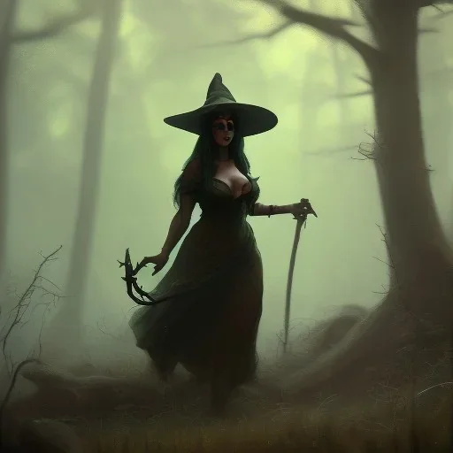 franz frazetta style, witch lurking in the forest clearing, dusk