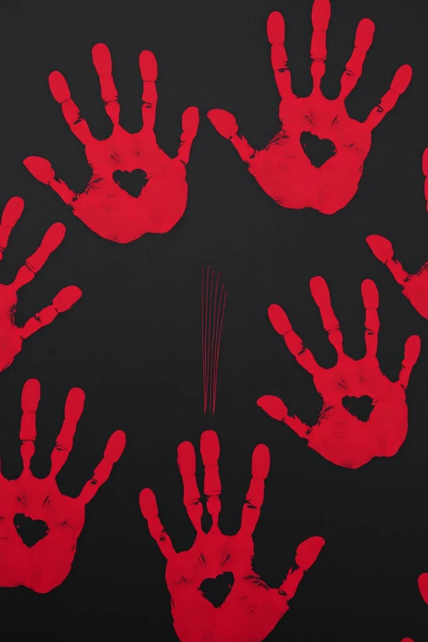 multiple red hand prints on a black background. some handprints leave streaking finger mark