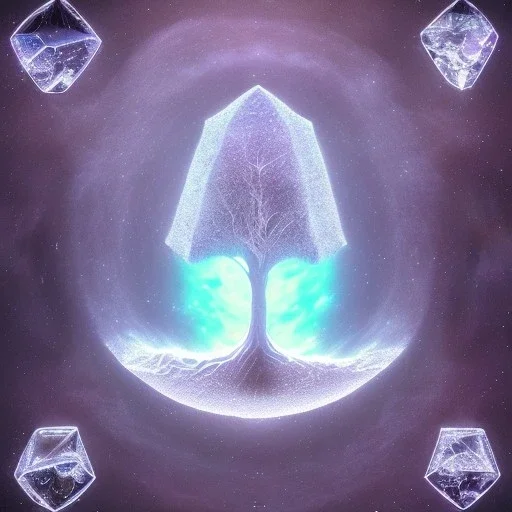  hedjuk,Tree of Life, crystal city crystalline in the sky, renderin, room, cosmic, opalescent, 100mm, opalescent, gemstones, crystals, object, other worldly,water, cristal rock ,bright, ice backg