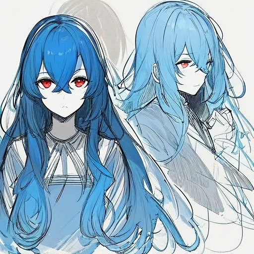 Clear focus, High resolution, rough line sketch art, blue hair, fluffy hair, between eyes, red eyes, no light in eyes