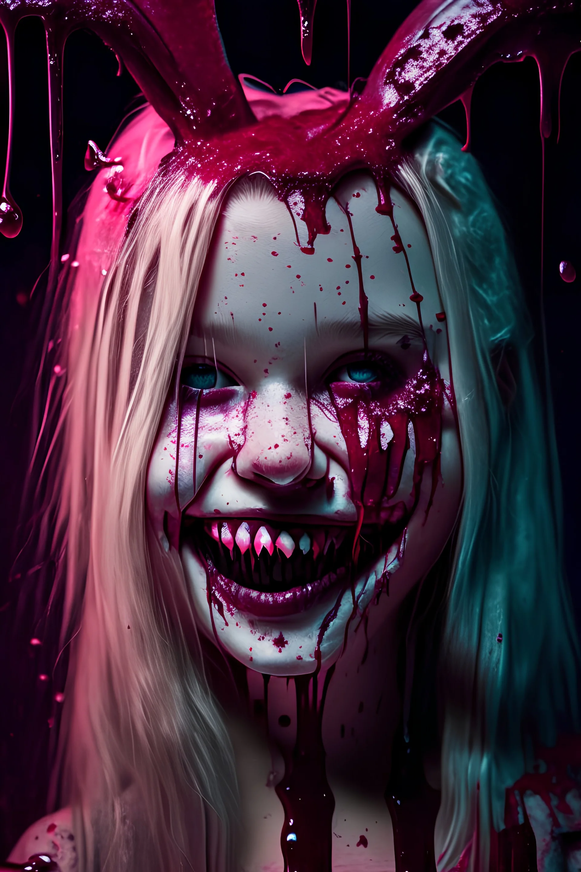 horror tale,girl, bunny hair, blonde girl, wonderland, mask slime, out mind, girl smiling, creepy, dripping blood, shattered glass,darkpink tones, realistic photograph , 3d render, octane render, intricately detailed, cinematic,