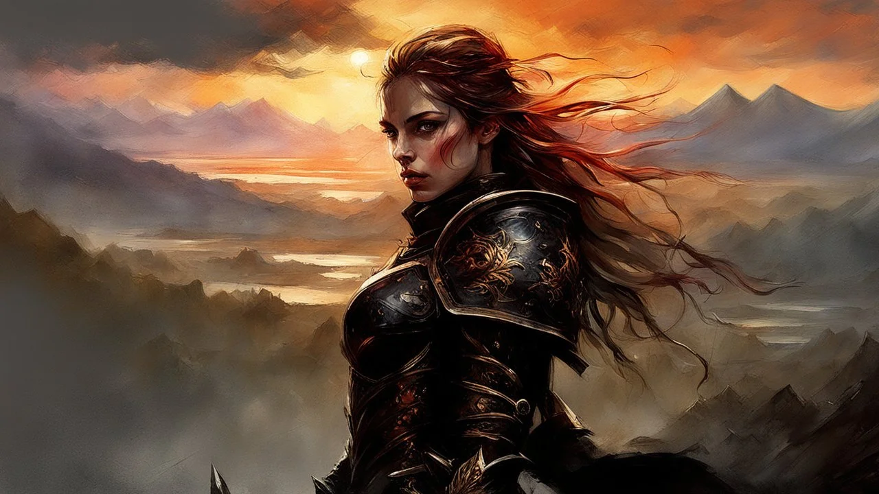 A formidable warrior girl in black armor, on the background Amazing gloomy landscape, flooded with sunset, mountains, trees, fabulous scary hero, , juicy emotions, painting, dark fantasy, gloomy day, dark world, portrait, by Anna Razumovskaya & Raymond Swanland & James Paick & Alyssa Monks