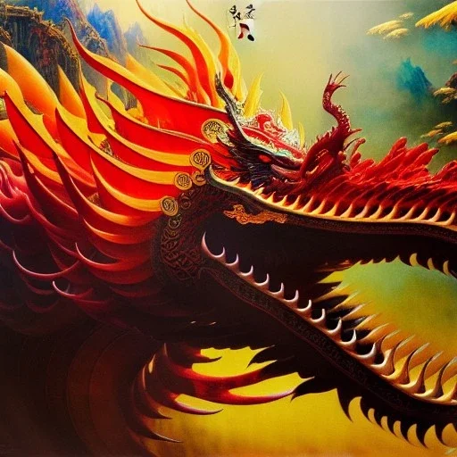 Drawing of 'Chinese Dragon' painting by gaston bussiere, greg rutkowski, yoji shinkawa, yoshitaka amano, tsutomu nihei, donato giancola, tim hildebrandt,KyuYong Eom,Ren Wei Pan Oil on canvas, cinematic composition, extreme detail,fit full head inside picture,16k