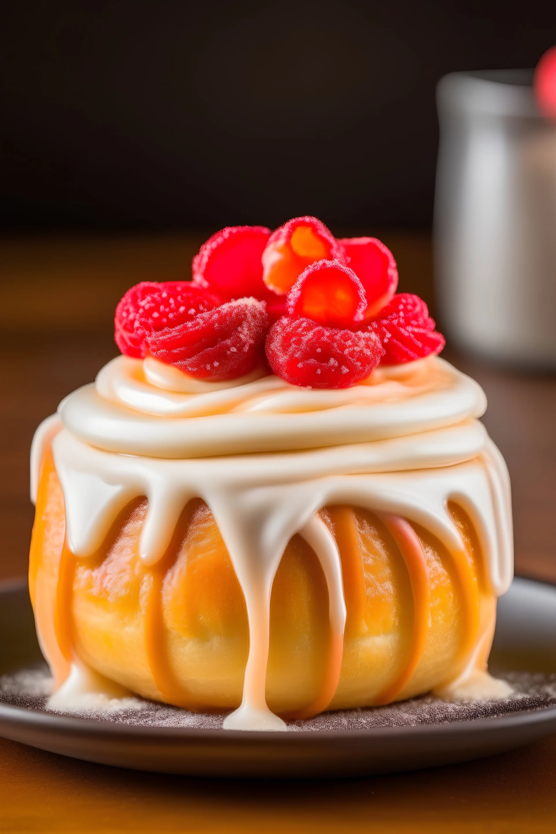 In a Disney style, a Portrait of a single Puff pastry cinnamon roll Topped with a generous drizzle of sweet cream cheese frosting.