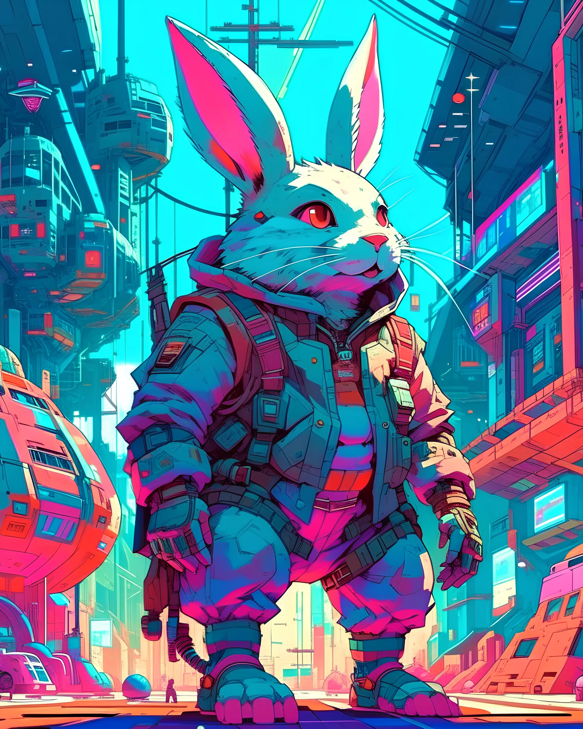 photo of a huge savage rabit monster in the space, style of laurie greasley, studio ghibli, akira toriyama, james gilleard, genshin impact, trending pixiv fanbox, acrylic palette knife, 4k, vibrant colors, devinart, trending on artstation, low details