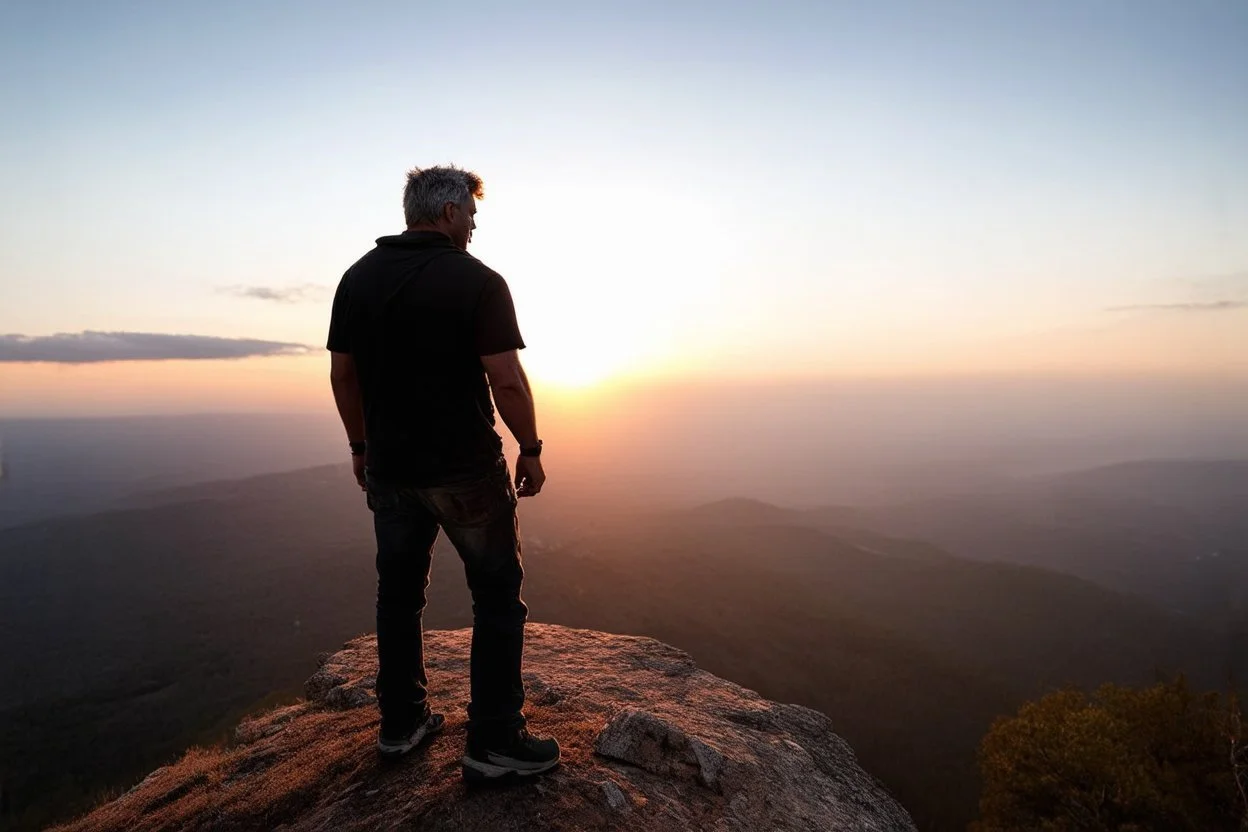 a brawny man with grey hair views sunset from a cliff