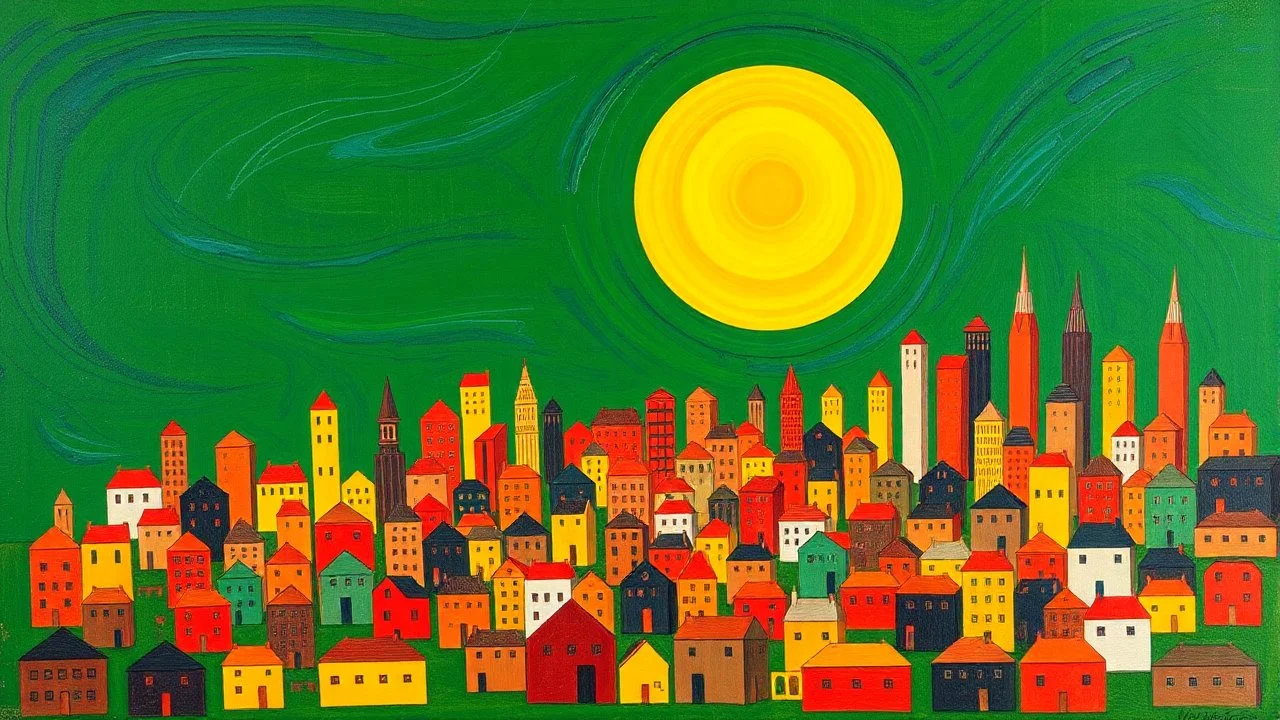 The image is a painting of a cityscape with a green background. The city is made up of various buildings and structures, including houses, skyscrapers, and houses of different sizes and shapes. The buildings are painted in a variety of colors, including red, orange, and yellow, and are arranged in a chaotic and chaotic manner. The sky is a deep blue, with a few wispy clouds scattered across it. In the center of the painting, there is a large yellow sun, which is the focal point of the image. Th