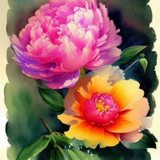 whimsical watercolor of a peony,warm colors, water color streaks and splashes, highly detailed, in the style of John Singer Sargent