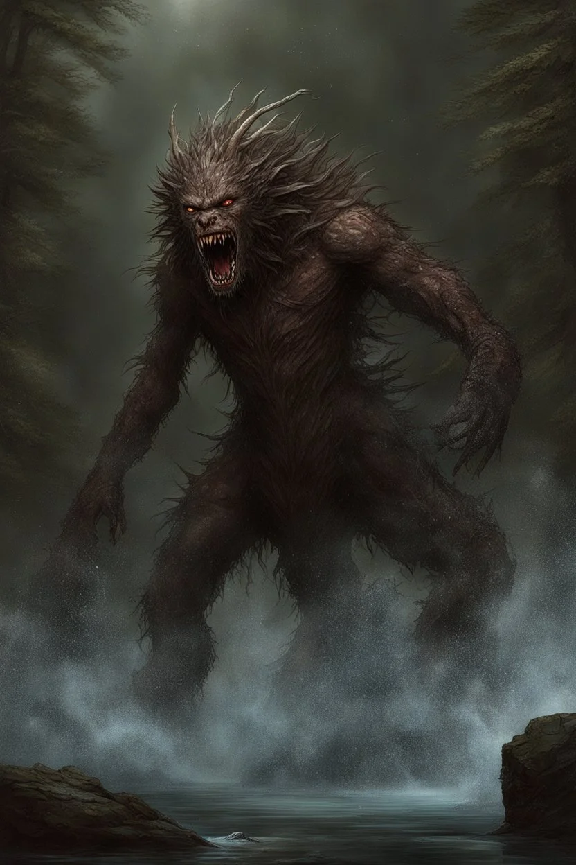 As he headed toward the noise, the shrieking grew louder until it escalated into an unearthly screech that made the hairs on his neck stand up. Breaking into a clearing, he froze at the sight before him. A bizarre creature resembling a misshapen humanoid was leaning over the water, its leathery limbs ending in claws that sliced through the air. When its face turned toward Alex, slitted yellow eyes met his with unbridled malice. It let out an earsplitting shriek and charged. Alex turned to run bu