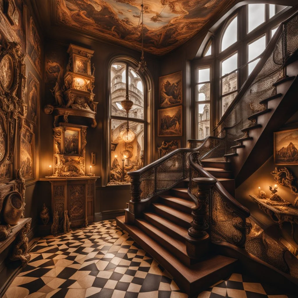 Close-up photography of interior inspired by Maurits Cornelis Escher full of odd impassive smerping people, George Grosz, Yves Tanguy, lost souls in hell, beasts, hypermaximalist, truly surreal place, bodies, sundial light, hypnotic Hieronymus Bosch, nightmare, intricate, inferno