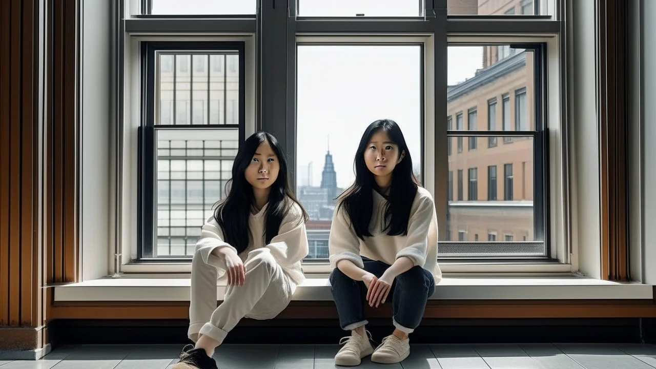 Two Asian women, around 22 years old, with long black hair, are sitting on a window sill inside a room with wooden floors and white walls. The window is large and rectangular, and it offers a view of a tall building with many windows. The building is made of light-colored brick or stone. The women are dressed in casual clothing, and one of them has her legs stretched out in front of her. There is a pair of shoes and a bag on the window sill next to them. The lighting is soft and diffused, and th