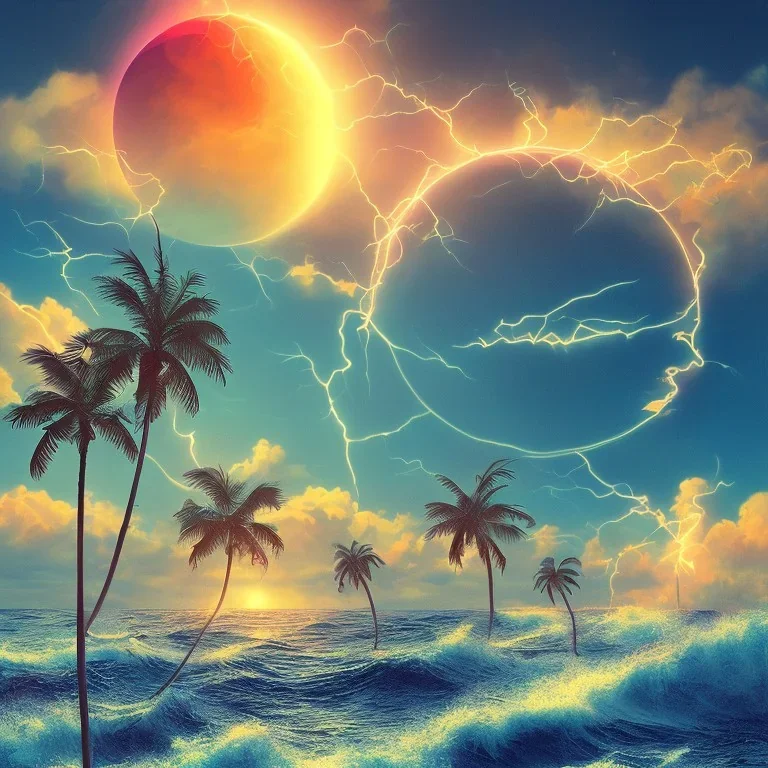 1980's vaporwave aesthetic palm trees with lightning with solar eclipse in the ocean waves sunset