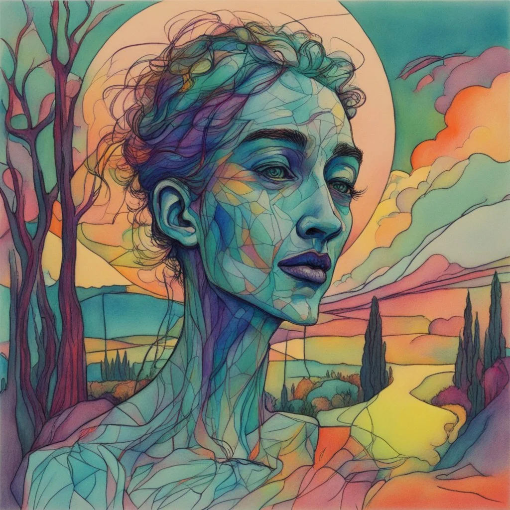 o schita grafica in penita cu tus color , cu linii si hasuri subtiri cu variatii impresioniste cu o culoare tare ,reprezentand o imagine de paranormal a unei compozitii impresioniste cu pastel landskape in stil Jean Cocteau si in stil minimal art