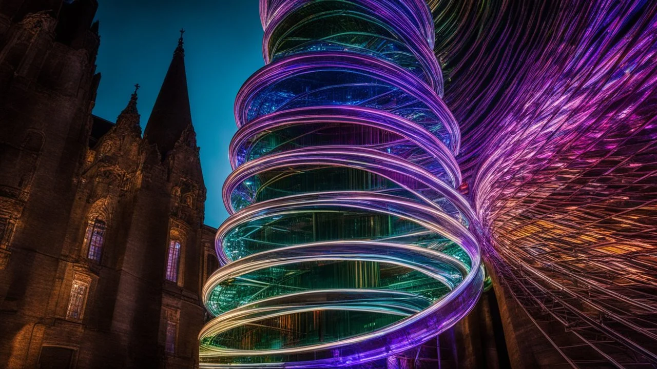 94614, delightful, sensitive, confident, iridescent double helix tower, delicate, nocturnal, architecture, award-winning photograph, beautiful composition, filled with beautiful detail, delicate colour, chiaroscuro