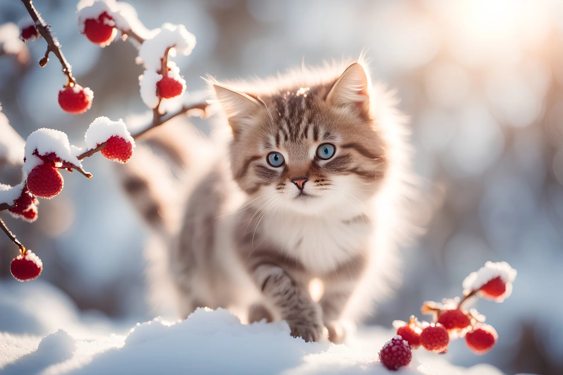 A beautiful little cat catches a berry while standing on a snowy branch in sunshine, ethereal, cinematic postprocessing, bokeh, dof