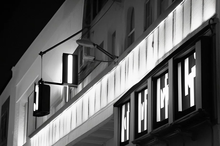 Luminos del cine en la calle, blanco y negro