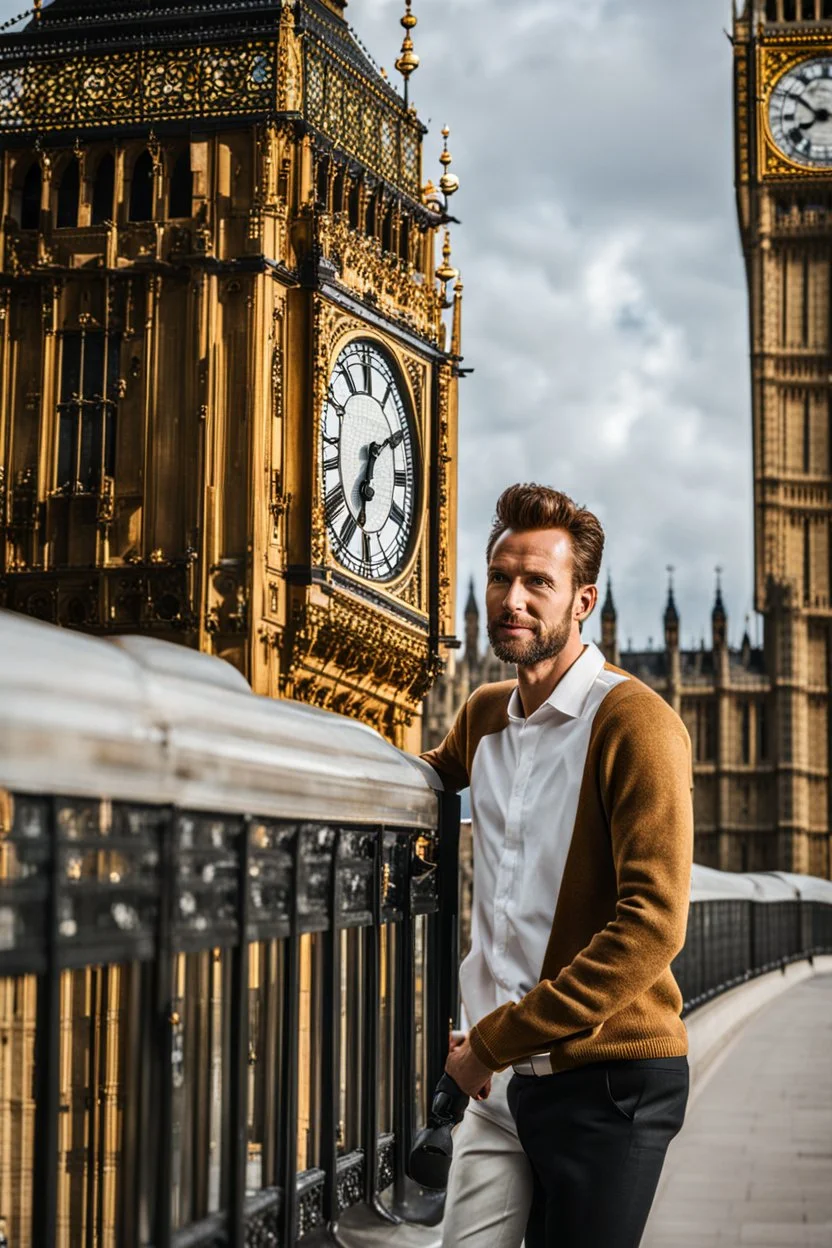 an man standing in front of big ben looking at camera,closeup