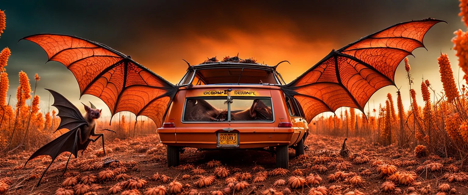 A national geographic award skin color patterned like a poisinous incect or reptile, horrorcore, science gone crazy, winning photograph of of a bat spider housefly station wagon hybrid in nature and on the hunt, 64k, reds, oranges, and yellows anatomically correct, 3d, organic surrealism, dystopian, photorealisitc, realtime, symmetrical, clean, 4 small compound eyes around two larger compound eyes, surrealism telephoto , biomechanical ynamic lighting 64 megapixels Unreal Engine volumetric lighti