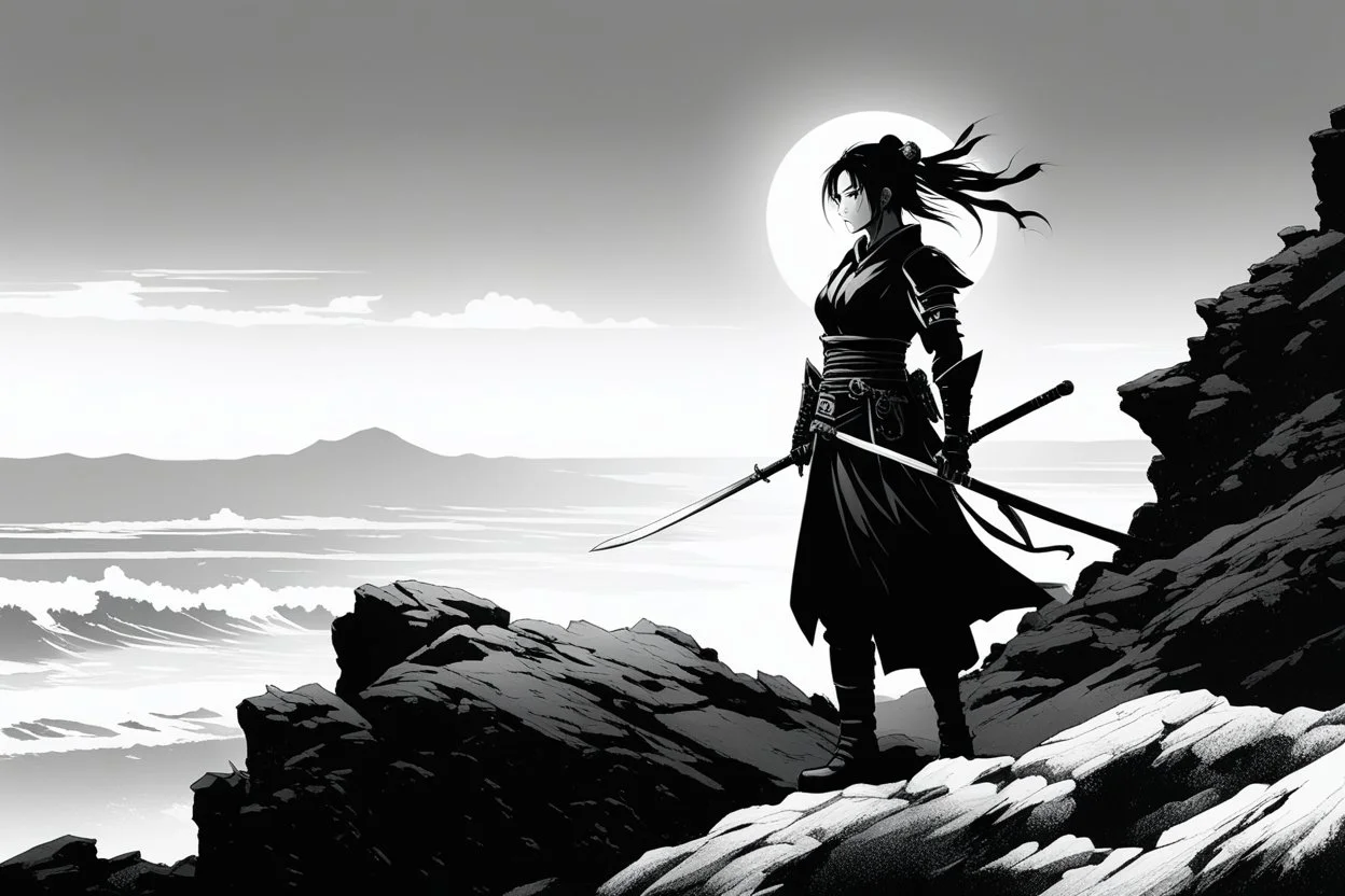 (in the style of Orion, by Masamune Shirow) Optimized Prompt (Art by Claudia Andujar, infrared, high-contrast black and white film photography) A solitary female samurai, the absolute final warrior of her slaughtered clan, is captured as a stark silhouette. She stands on a jagged cliff edge at the rugged coastline of Honshu. The sun has dipped below the horizon, leaving only a ghost of light—a thin, etched line against the fading, twilight sky. Her posture is a heavy monument to exhaustion and d