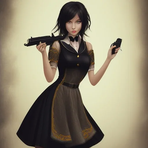 beautiful women wearing a maid dress, black hair, cursed eyes, holding a gun