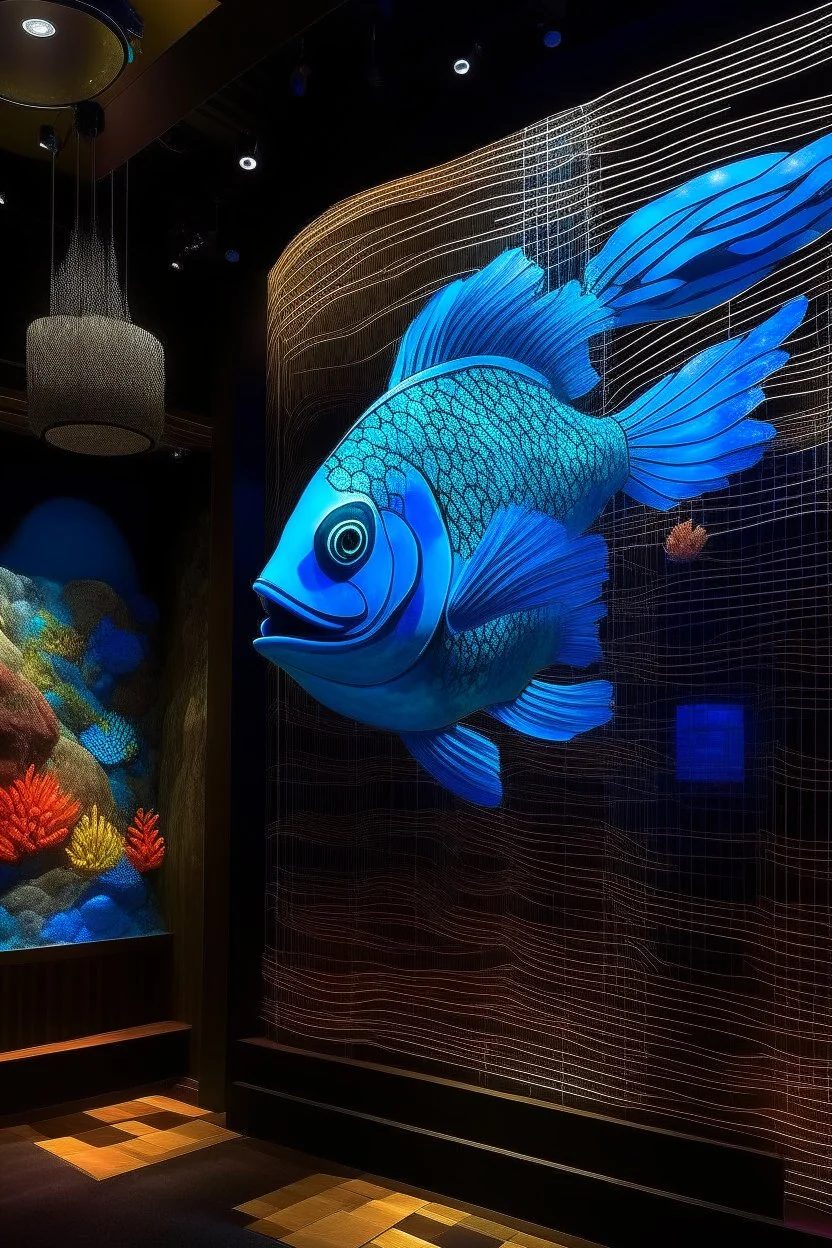 Project dynamic visuals of Mandarin Fish swimming and interacting with the textile elements onto the walls and hanging sculptures. Ensure that the projections seamlessly integrate with the textile materials to create a cohesive visual experience.