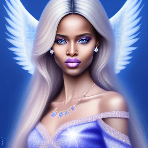 portrait of a beautiful somalian woman with an angel face smiling,long blond hair, blue eyes, pink and blue dress, jewels, soft light aura