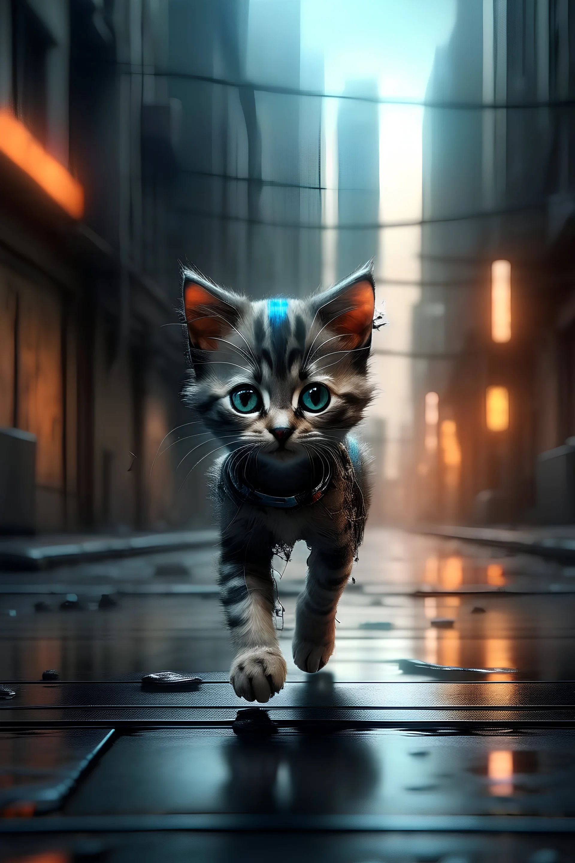 A little kitten running through the city, cyberpunk, realistic image