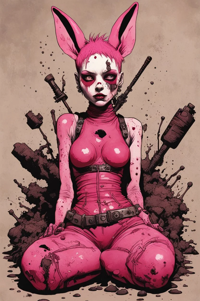 Tank girl, lying pose, rabbit mask, pink short hair, latex suit, highly detailed, fullbody, splashes blood, behind guts rising from the ground, papercut illustration by <John Kenn Mortensen>, darkred tones,