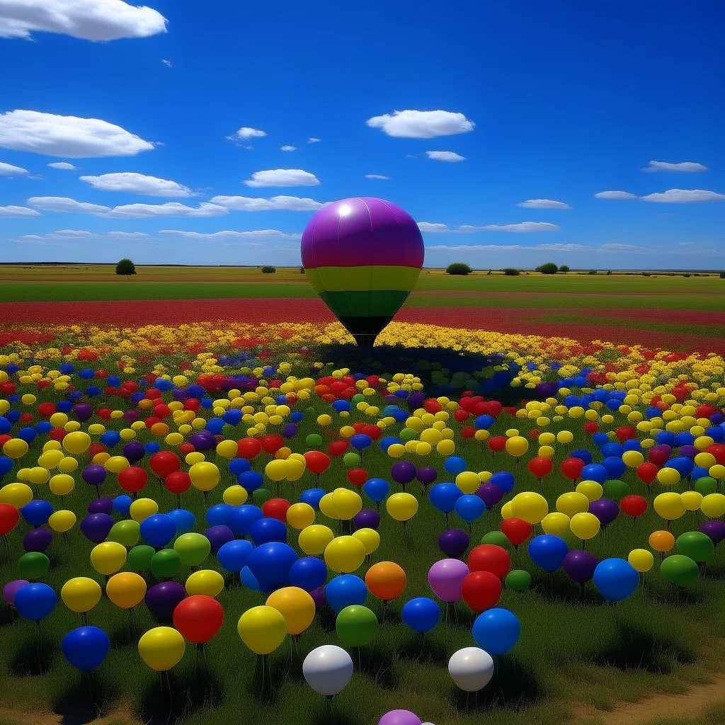 A photo of a field of balloons shaped as a flower, in the middle of a prarie.