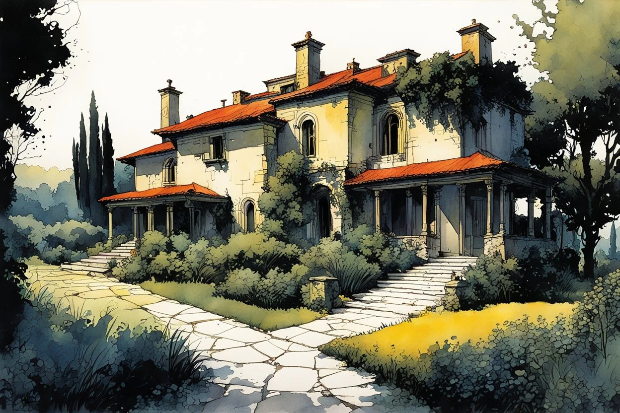 create in inkwash and watercolor a peaceful villa with expansive gardens set in the tranquil landscape of ancient Tuscany in the comic book art style of Mike Mignola, Bill Sienkiewicz and Jean Giraud Moebius, , highly detailed,, grainy, gritty textures, , dramatic natural lighting