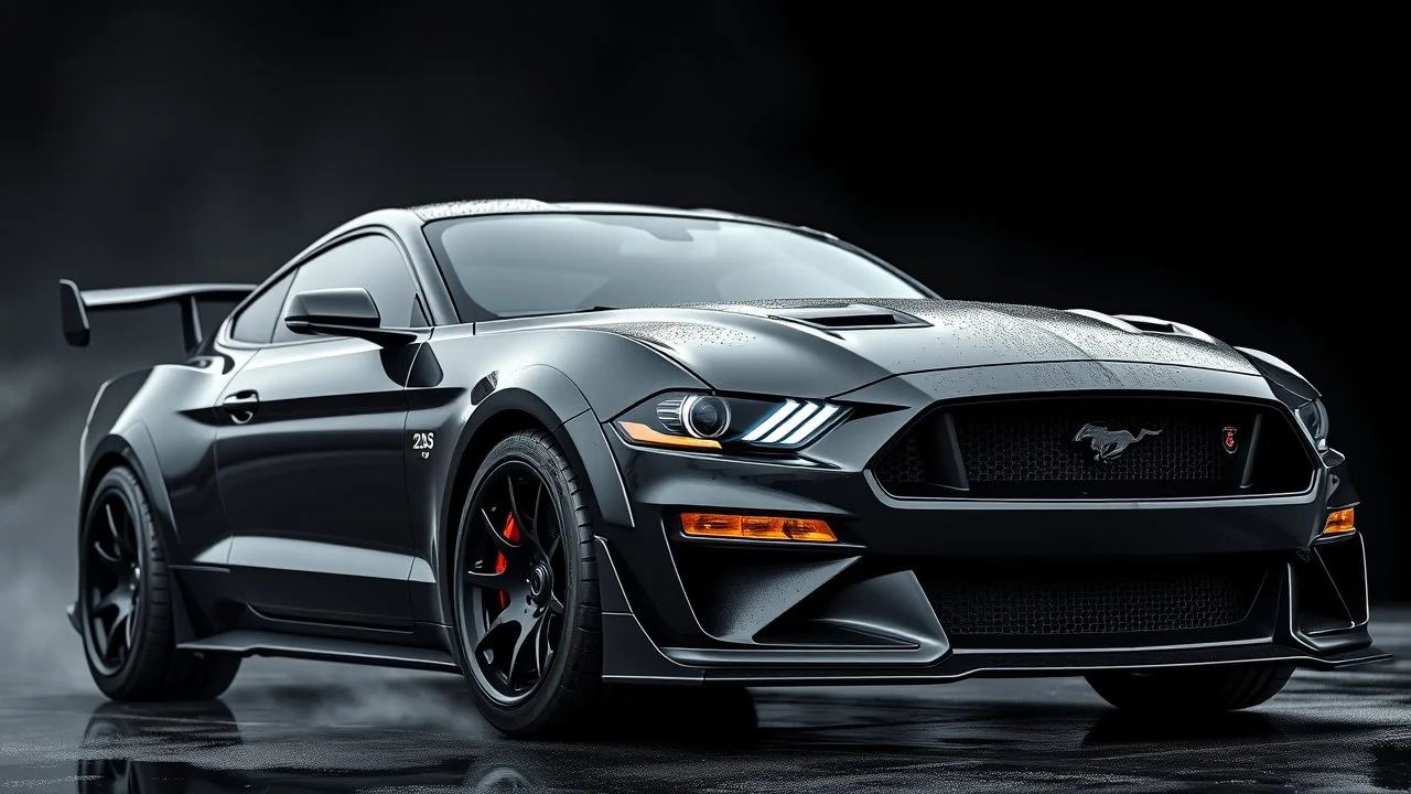 a black 2025 ford mustang dark horse with a large spoiler and mods in a batman style