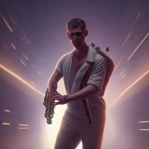 man playing saxophone, blade runner, danny mcbride, low key lighting, volumetric light, digital art, highly detailed, fine detail, intricate, ornate, complex, octane render, unreal engine, photorealistic