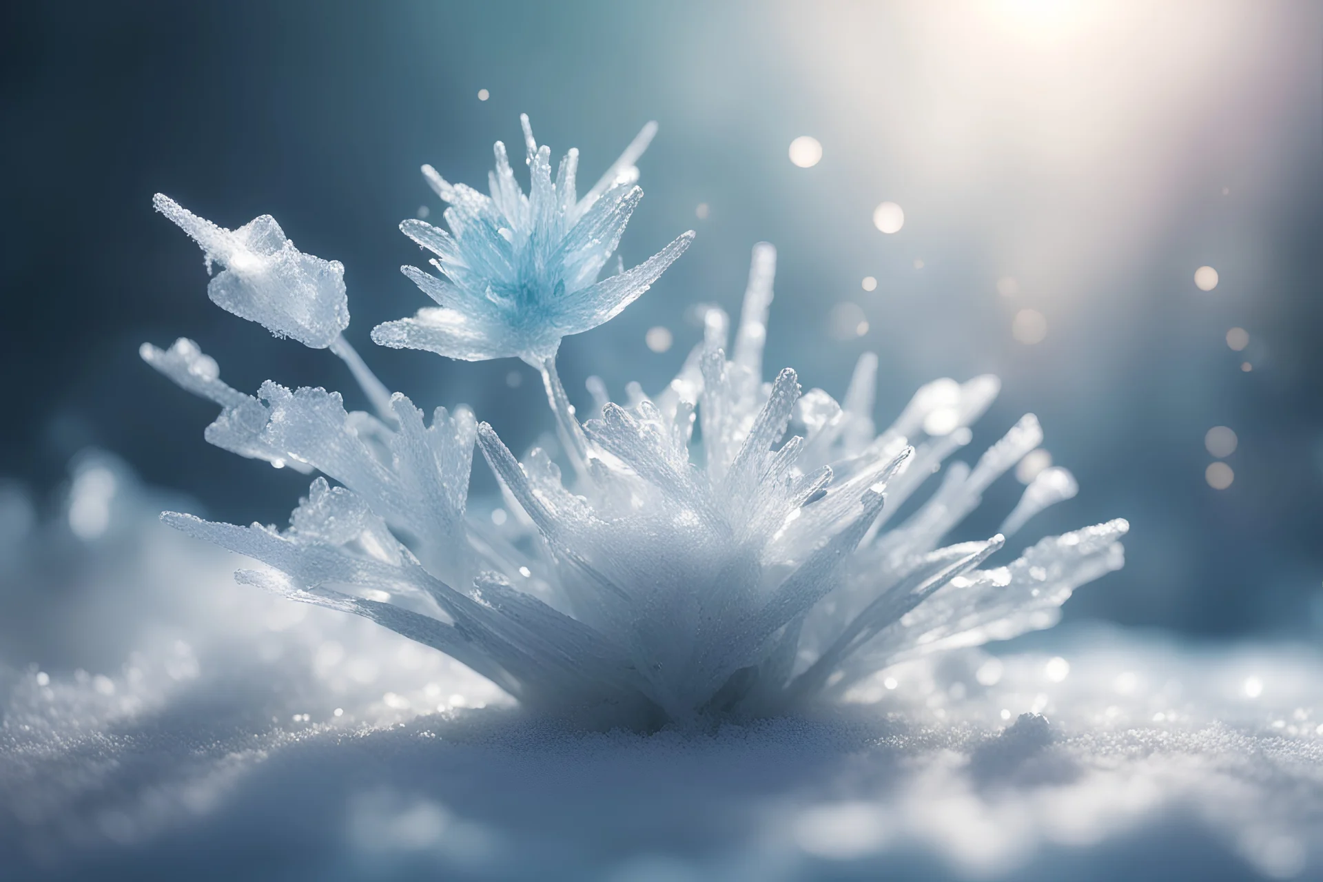 ikebana of snow and ice macro photography, macro photography, depth of field, soft focus, digital painting, polygonal graphics, ray tracing, glitter, 5D rendering, wallpaper, volumetric lighting, fantasy, lumen, aesthetically pleasing, beautiful, professional photo