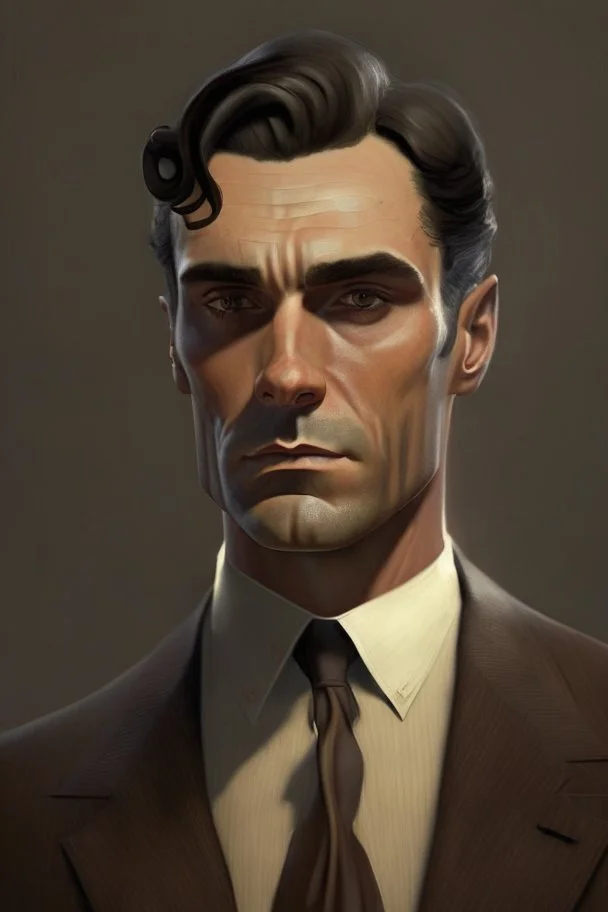 human, mid-fifties, smart brown suit, handosome, noble, short salt-and-pepper hair, clean-shaven, very dark eyes and stern gaze