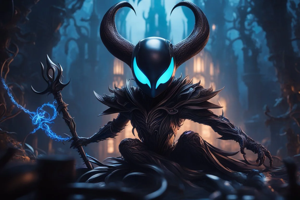 Huge symbiote in 8k hollow knight drawing, shaco model, Halloween theme, neon blue lights, Chaos sea, intricate details, highly detailed, high details, detailed portrait, masterpiece,ultra detailed, ultra quality