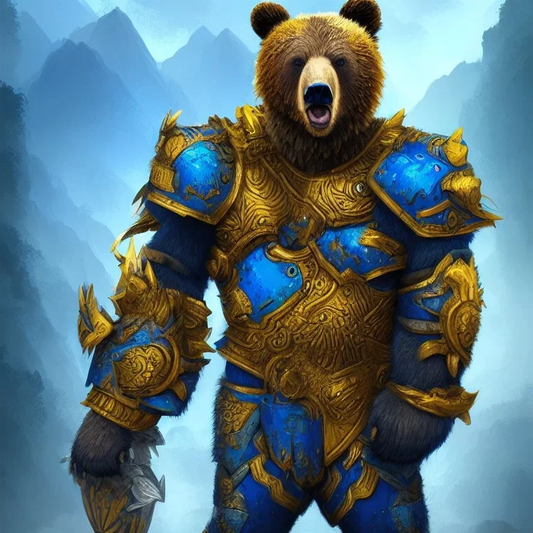 An angry bear warrior in blue and gold armor, background of Inka jungle, high detail, smooth, realistic, digital illustration, Artstation, artgerm,